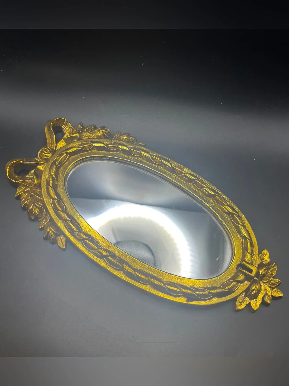 Vintage Pressed Wood and Plastic Elegant Golden Bow Oval Mirror 6” x 12”